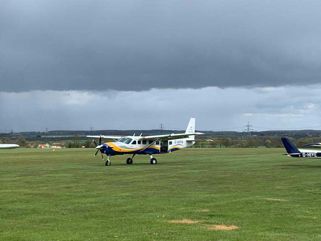 Sascha Kennedy and Sean Huckle charity skydive at Sibson Aerodrome to raise money for Sue Ryder charity