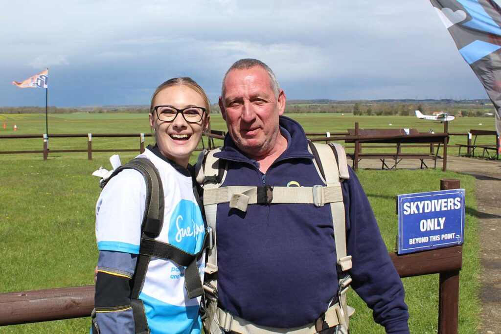 Sascha Kennedy and Sean Huckle at Sibson Aerodrome ready for their skydive to raise money for Sue Ryder charity